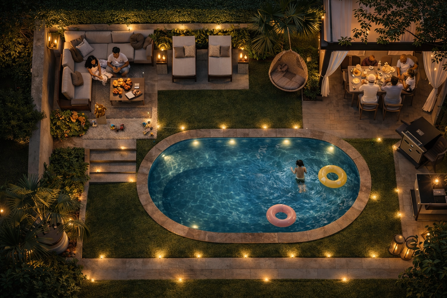 Front desk area with a dark wood counter, backlit shelving and eclectic decor.