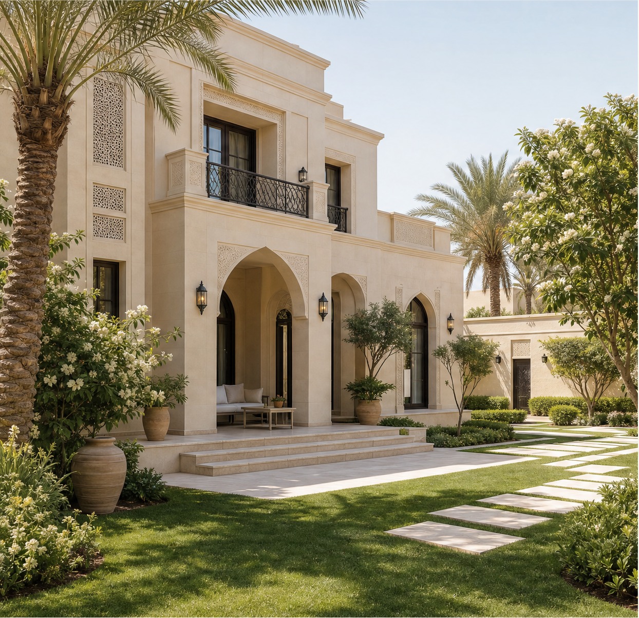 A four-bedroom Dar Yasmeen villa with an arched entrance, palm trees and a stepping-stone path across the lawn.